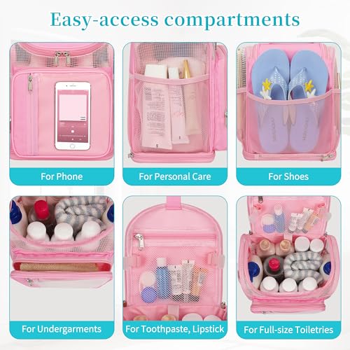 Pink medium Bagmoly hanging shower caddy for travel and college, with compartments for toiletries in a portable design.