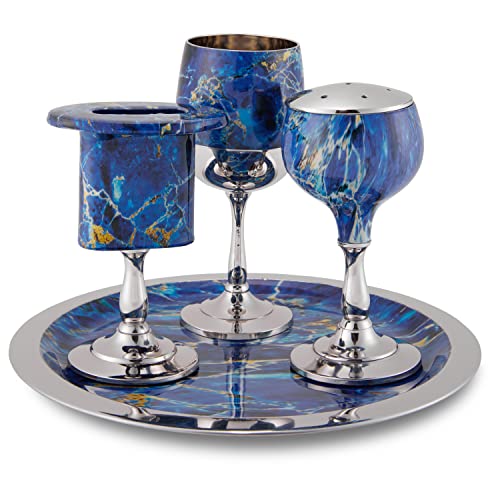 Elegant End of Shabbat Havdalah Set Nickel Plated Blue Marble Decal - Includes Matching Kiddush Cup Goblet and Tray, Havdualah Candle Holder, Besamim Spice Box - Shabbos Decorations By Zion Judaica