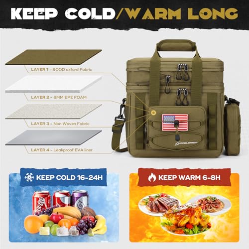 Maelstrom 23L tactical lunch box for men, expandable double deck cooler bag in khaki, with multiple compartments and sturdy handles.
