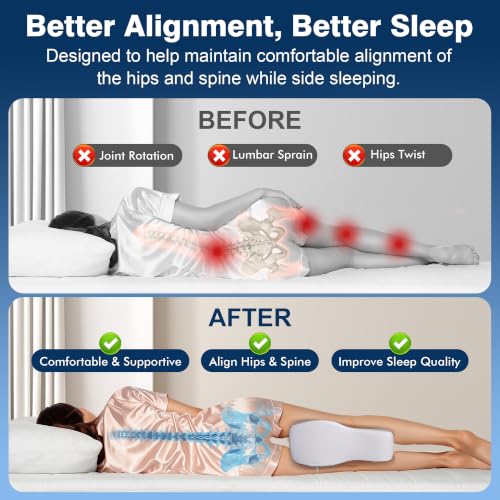 UJPFEO Knee Pillow for Side Sleepers,Memory Foam Leg Pillow with Center Airflow Hole,Full Thigh Support,Pillow for Between Knees While Sleeping for Sciatica,Back,Hip,Knee Comfort and Spine Alignment Grey/White Large