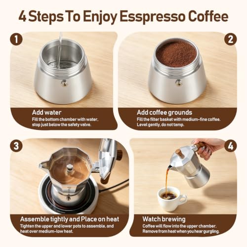 Stovetop Espresso Moka Pot Coffee Maker, Non-slip Wood Grain Handle, Cast Aluminum, Compatible with Gas, and Electric Stoves (Silver, 3 cups) Silver 3 Cup-5 OZ/150 ml