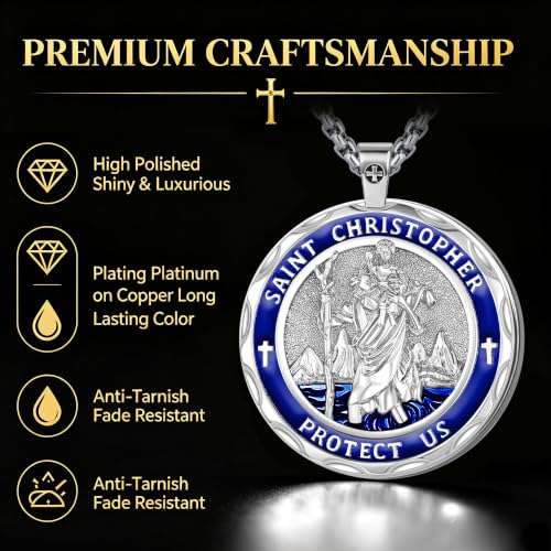 Saint Medal Necklace, Catholic Faith Jewelry, Religious Gift Silver Blue Saint Christopher