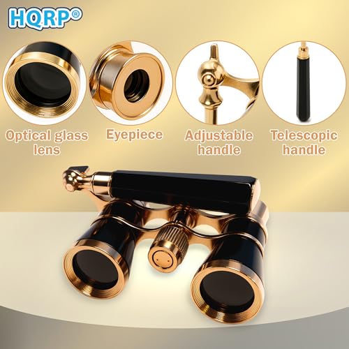 HQRP 3 x 25 Opera Glasses Theater Binoculars, Black with Gold Color Trim, w/Built-in Extendable Handle, Crystal Clear Optics (CCO), for Adults Kids Women in Musical Concert, Gift Box