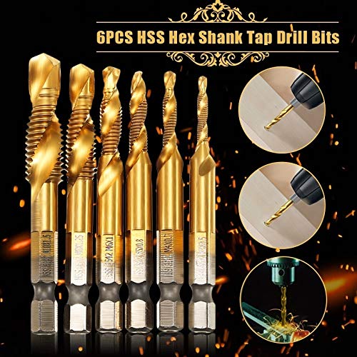 MAGT Tap Set, 6 Pieces Metric Thread M3-M10 Tap Cutter Set Titanium Coated HSS Drill Bits Set 1/4 Inch Hex Shank