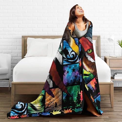 Warm cartoon cat throw blanket made of flannel, 60x50 inches, featuring colorful cat illustrations for cozy comfort.