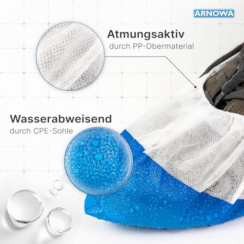 50 x Arnomed CPE + PP Disposable Shoe Covers 9 g Premium | Rutschfeste Überzieher Schuhe Weiß/Blau, Schuhschutz Überzug bis Gr 47, Maße: 17x40cm, robuste Überschuhe für die Baustelle 050pcs