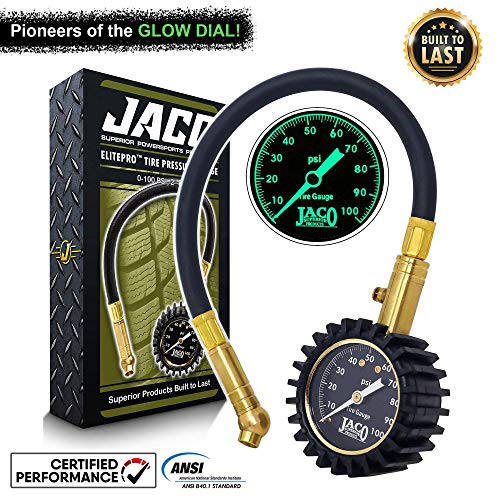 JACO ElitePro tire pressure gauge with 100 PSI dial face and black protective casing