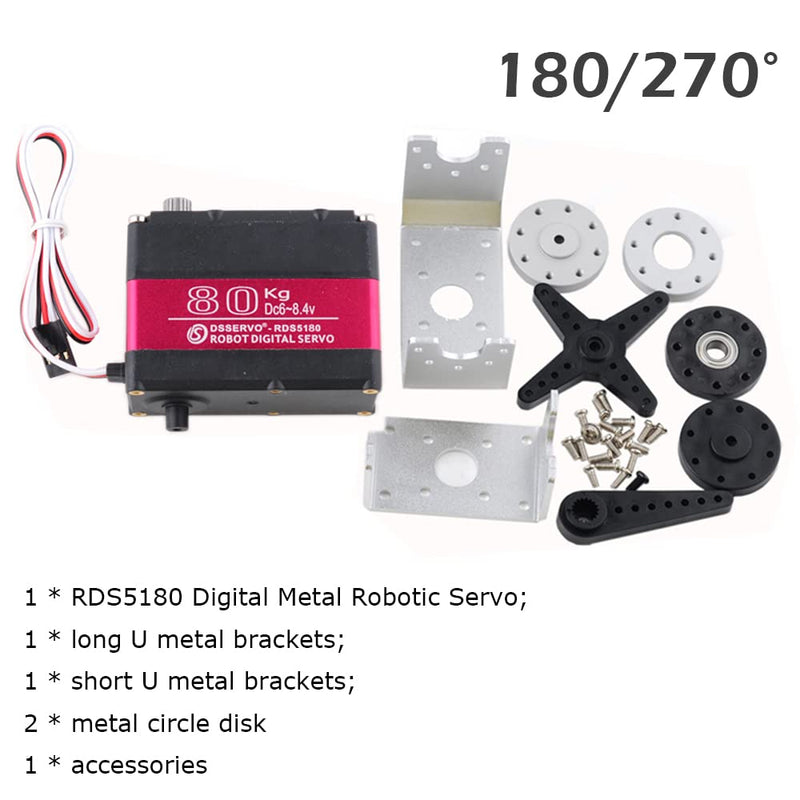 RDS5180 80kg Digital Metal Robotic Servo Motor High Torque Double-Shaft Robot Servo Arm Waterproof IP66 with U Metal Brackets for RC Car DIY Robot (180°) 80KG 180°