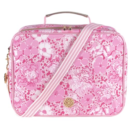 Lilly Pulitzer insulated lunch bag in Conch Shell Pink with a vibrant Burst of Joy pattern, perfect for keeping food fresh.