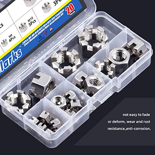 Glarks 304 stainless steel hexagon slotted castle nuts assortment kit in six M6–M16 sizes