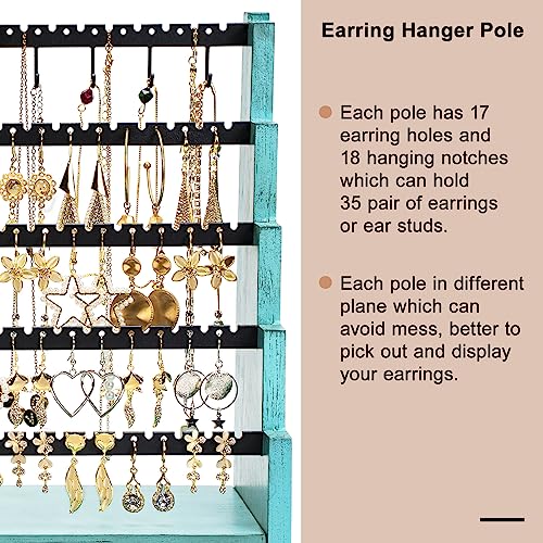 Pinzoveco Earring Organizer, 5 Layer Earring Holder Organizer with Necklace Holder Pole, Rustic Wood Jewelry Organizer Stand Display for Stud Earring Bracelet Necklace Ring, 175 Earring Holes Teal