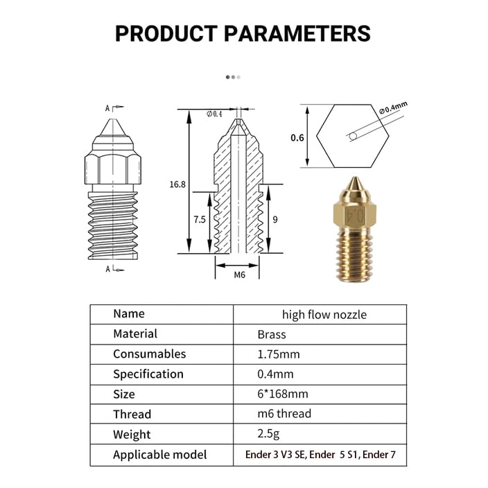Creality 12PCS Brass Nozzles for Ender 3 V3 SE, 3D Printer Parts High Speed 0.4mm Brass Nozzles Kit for Creality Ender 5 S1, Ender 7 Ender 3 V3 SE Brass 0.4mm