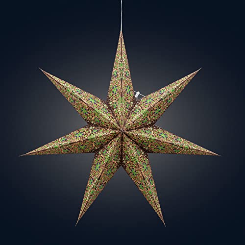 Artschatz Cathedral Paper Lantern Star Light - 7 Point Ø 24 inch - Brown/Green with red/Blue Tissue Inlay