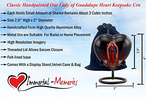 Our Lady of Guadalupe Heart Keepsake Urn, Urn and Ash Storage Religious Token Urn for Ashes, Spiritual Sharing Urn, Handcrafted Memorial Heart Urn with Velvet Case & Bag (Heart Keepsake)