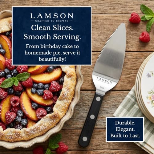 Lamson 4-inch wave edge pie and cake server with ultra-durable handle, perfect for serving slices of desserts and pastries.