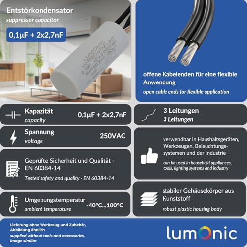 Lumonic I Suppression Capacitor 0.1µF 2x2.7nF 250VAC I 15x35mm I -40... +100°CI 3 Connection Cables I 0.1uF I EMC Capacitor I for Household Appliances, Power Tools, Building Technology, Industrial Applications,