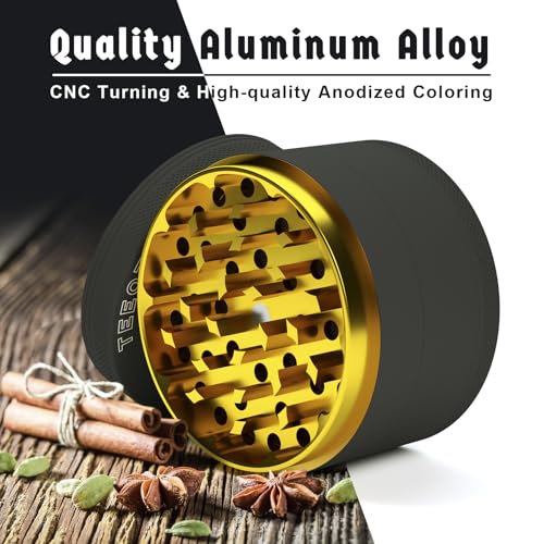 Herb Grinder Large Crusher Ø 75mm, Aluminum Alloy 4-Piece for Spice, Seasonings, Herb with Pollen Scraper & Brush (Black & Gold) Black - Ø75 - Al