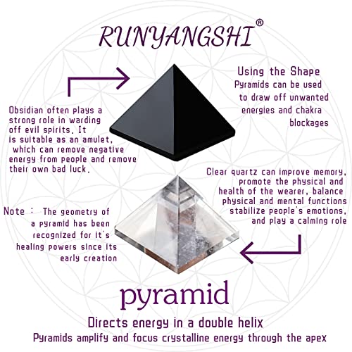 Runyangshi 2pc Clear Quartz + Obsidian Pyramid | 1.6x1.6in (4x4cm) Natural Crystal Energy Generator for Protection & Positive Energy | Healing Crystal Pyramid for Chakra Reiki Home Decor 1.57"(4cm)