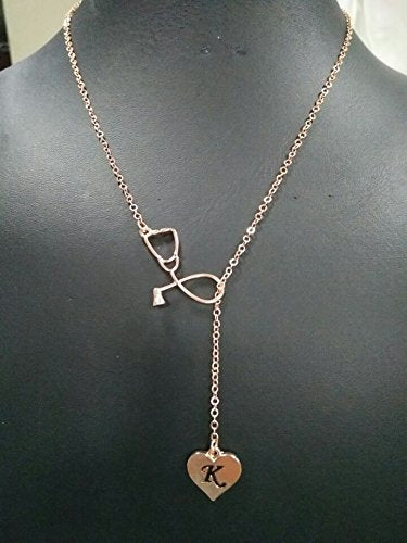 Rose Gold Plated Medicine Stethoscope Heart Initial Alphabet Letter Necklace for Doctor Nurse B