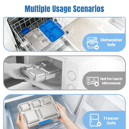 Stainless Steel Bento Lunch Box for Kids & Adults, 5 Compartment Metal Portable Bento Box with Silicone Food Container and Removable Silicone Seal,BPA-Free,School,Office(Blue) Blue