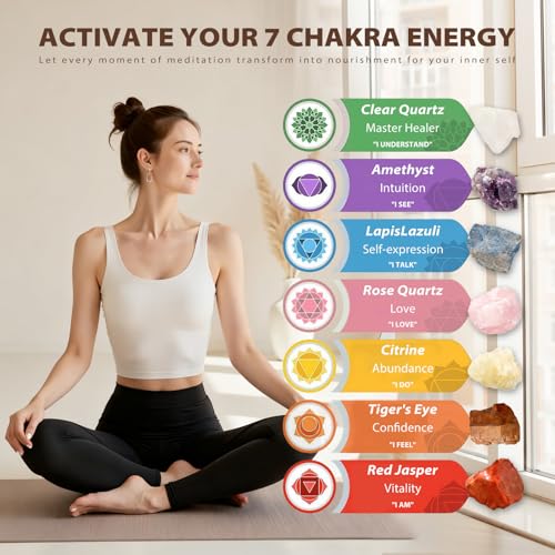 7 Chakra Healing Crystals Set - 7 Raw Stones, Wooden Box & Guide 7 Colors