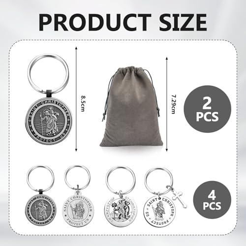 GMHLLES 4 Pack St Christopher Keyring, Biker Prayer Keyring Gifts for Men with Drawstring Bag for New Drivers Riders Travellers