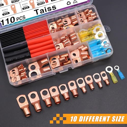 Taiss 110 pieces copper cable lugs set, shrink tube set, ring cable lugs, 6 mm², 10 mm², 16 mm², 25 mm², 35 mm², copper cable lugs, M6, M8, M10 with heat shrink tubes for car battery cable distribution boxes