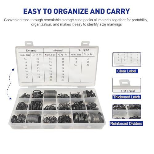 Boatsea internal retaining rings from 450-piece circlip kit, assorted sizes and types in organizer case