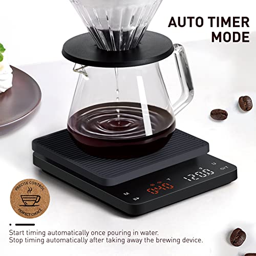 BAGAIL Digital Coffee Scale with Timer, 0.1g High Precision Electronic Kitchen Scale with Large Display, Auto Tare and Touch Sensor Button, Rechargeable Weighing Scale for Drip Coffee, Max Weight 3kg