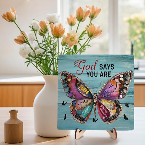 Inspirational Bible Verse Wooden Plaque Sign Decor, Christian Gifts Religious Gifts for Women, Christian Home Office Desk Butterfly Decor, God Says You Are Unique (Light blue, 5.9 x 5.9 inches) Light blue