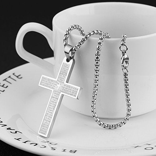 HZMAN Stainless Steel Cross Necklace for Men Women Inspiring Lord's Prayer Cross Pendant Jewelry Gift Silver