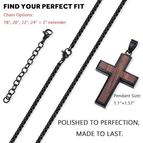 REVEMCN Wooden Cross Necklace for Men – Black Walnut & Stainless Steel Cross Pendant with Adjustable 18–24" Chain, Christian Jewellery Gift for Son Black Walnut - A 18" + 2" Extender (46 + 5 cm)