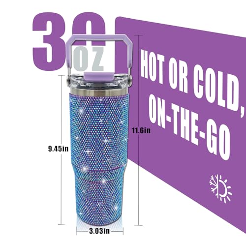 30oz Bling Rhinestone Studded Tumbler with Top Handle and Leakproof Lid Vacuum Insulated Stainless Steel Glitter Crystal Water Bottle with Flip Straw Reusable Cup Outdoors Travel Mugs (Violet) Violet