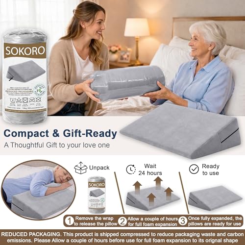 sokoro Bed Wedge Pillow for Sleeping, Small 7 Inch Compact Triangle Wedge Pillow for Acid Reflux, Sleep Apnea & Snoring Relief, Firm Incline for Back Support, Washable Cover (Grey, 24x14x7 in) Grey