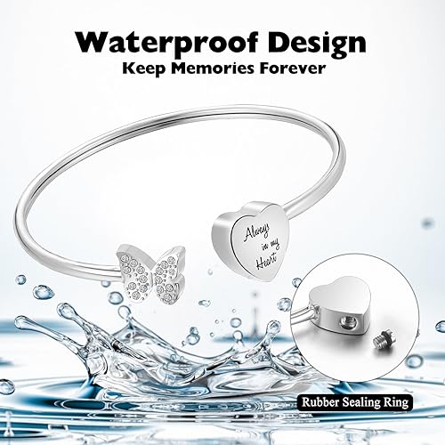 XIUDA Urn Bracelet for Human Ashes Butterfly Heart Ash Bracelet for Women Stainless Steel Openable Cuff Bangle Cremation Bracelet - Always in My Heart Silver