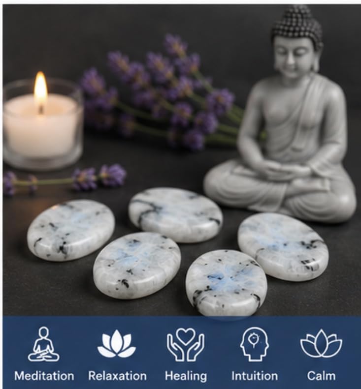 Set of 5 Rainbow Moonstone Worry Thumb Stones Wellness Crystal Healing Positive Energy Palm Stones Meditation Reiki White Black