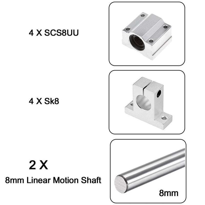 2PCS 8mm X 300mm Linear Motion Rod Shaft Guide with 4 PCS SCS8UU Ball Bearings & 4 PCS SK8 Aluminum Rail Support, Linear Motion Rod Guide Set for CNC and DIY Craft Tool (Diameter 8mm, 300mm) Diameter 8mm