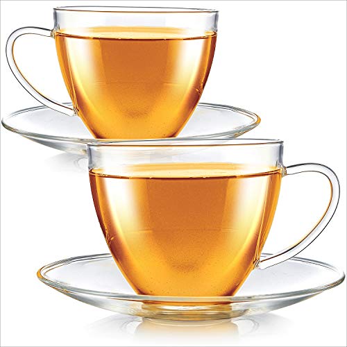 Teabloom Royal Teacup and Saucer Set 2-Pack – 12 OZ/ 350 ML Capacity – Glass Mug Set – Premium Borosilicate Glass – Durable and Heat Resistant 2 Count (Pack of 1)