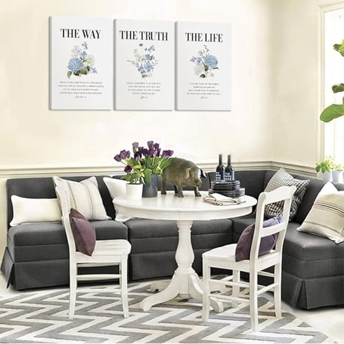 3Pcs Christian Canvas Wall Art John 14 6 the way the truth the life biblical quote Wall Decor Pictures Floral Prints Paintings Blue Scripture Artwork for Bathroom Room Home Decoration 12x16in 16L"x12W"
