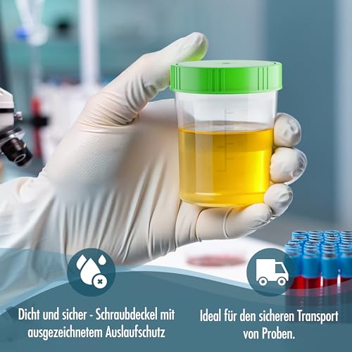 Sample Cup Set - 10 Pieces of 125 ml - Includes 40 Labels - Leak-proof Urine Cups with Screw Lid Graduated up to 100 ml - For Kitchen, Crafts, Medicine, Urine Samples - Can Be Written On