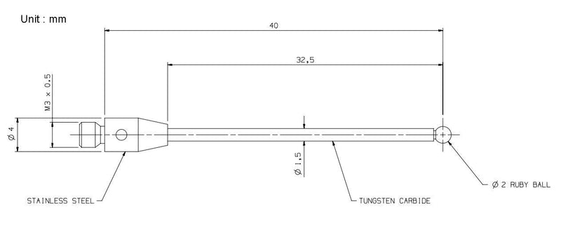 [Australia - AusPower] - CMM Touch Probe Stylus M3 Thread Shank 2mm Diameter Ruby Ball Tip 40mm Length A-5003-0053 