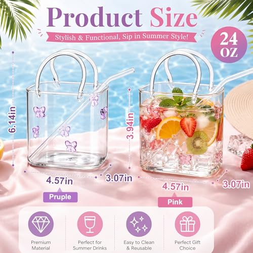 24oz Butterfly Glass Purse Cup with Straw, 2Pcs Pink & Purple Aesthetic Tote Glasses, Transparent Handbag Drinkware, Gift for Women Bridesmaid Birthday Party Travel Cocktail Iced Coffee