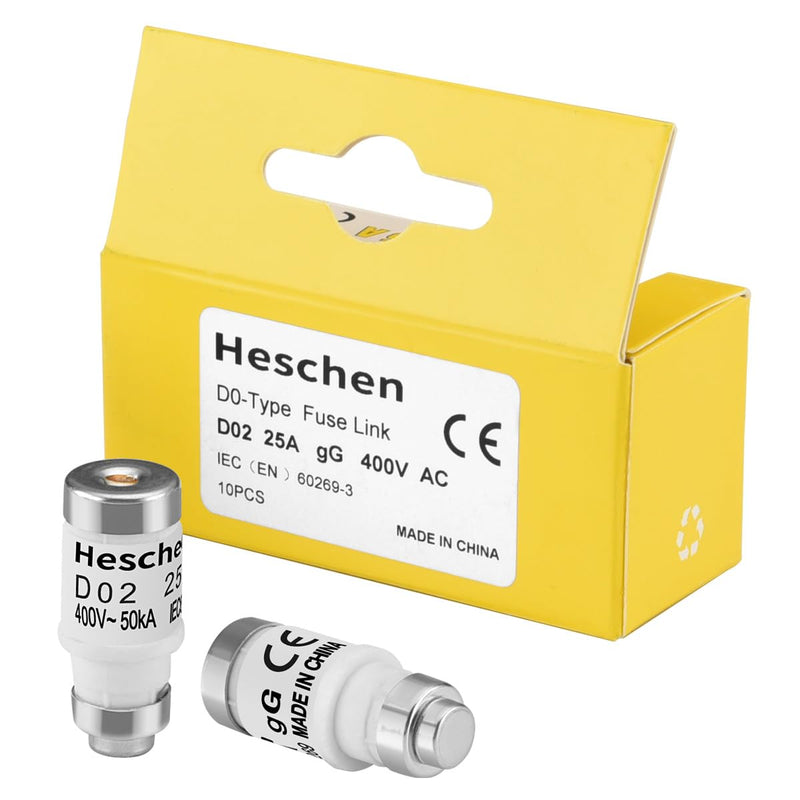 [Australia - AusPower] - Heschen Ceramic Neozed Fuse Inserts, D0 Type Fuse Insert, D02, 25A 400VAC, gL/gG Type, Pack of 10 