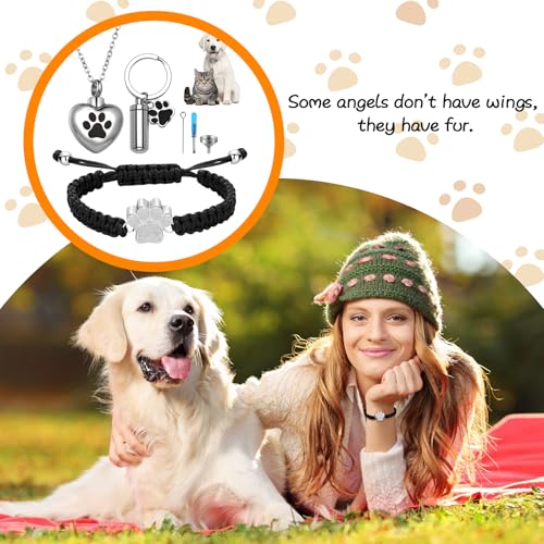 Cupimatch Pet Cremation Jewelry Set: 3 Pcs Stainless Steel Heart Pet Cats Dogs Urn Necklace Adjustable Paw Bracelet Memorial Ashes Keychain with Filling Kit