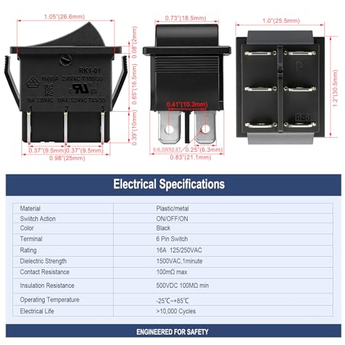 Heschen Rocker Switch ON-OFF-ON Switch DPDT 6 Terminals 16 A 250 Vac Black Pack of 2
