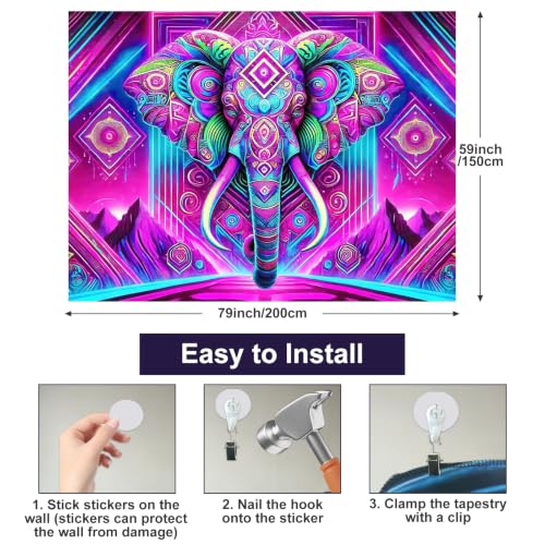 BlissYard Blacklight Tapestry Elephant Neon Wall Art 78 x 59 Inch 2410101CXNZS