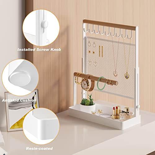 Jewelry Organizer Stand, Liftable Necklace Holder with Earring Organizer Net, 9 Hooks Necklaces Storage Wooden Handing Bar for Bracelets Watches Rings (White) White