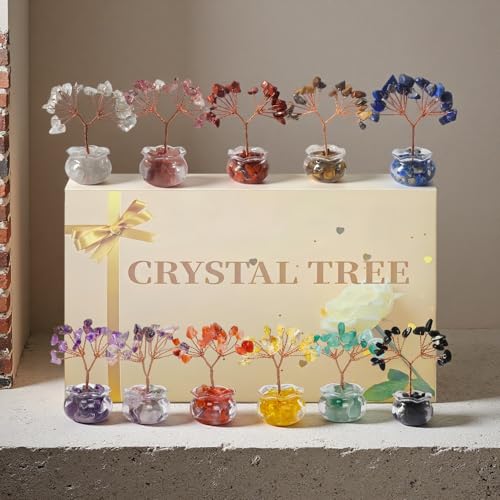 Crystal Tree Home Decor,12PC Crystal Tree Set of Life, mini Crystal Trees Chakra Decor for Home, 7 Chakra Gemstone Tree Crystals Decorations Suitable for Any Place (12PC style1) 12pc Style1