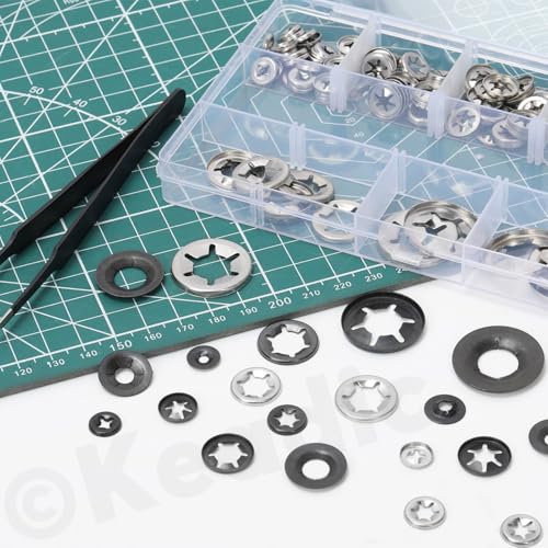 Keadic 211-piece 65Mn steel tooth lock washers and push nuts for automotive dolly wheel axles, M3-M12