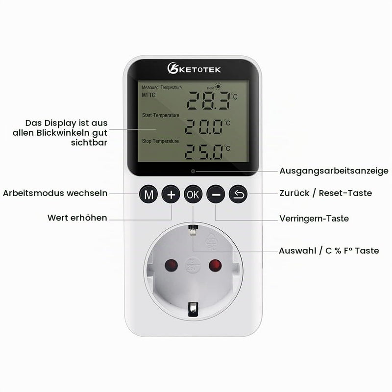 KETOTEK Digital Thermostat Socket Day Night Temperature Controller Sockets | 100-250V Heating Cooling Temperature Switch with Sensor Timer Regulator for Greenhouse Reptiles Fridge KT3200Pro